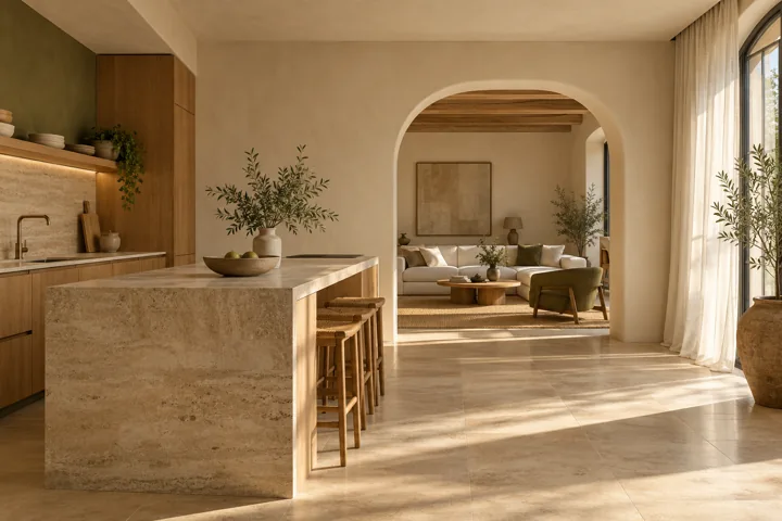 Interior conceptual de cocina y salón con madera, piedra, tonos oliva y una abertura curva.
